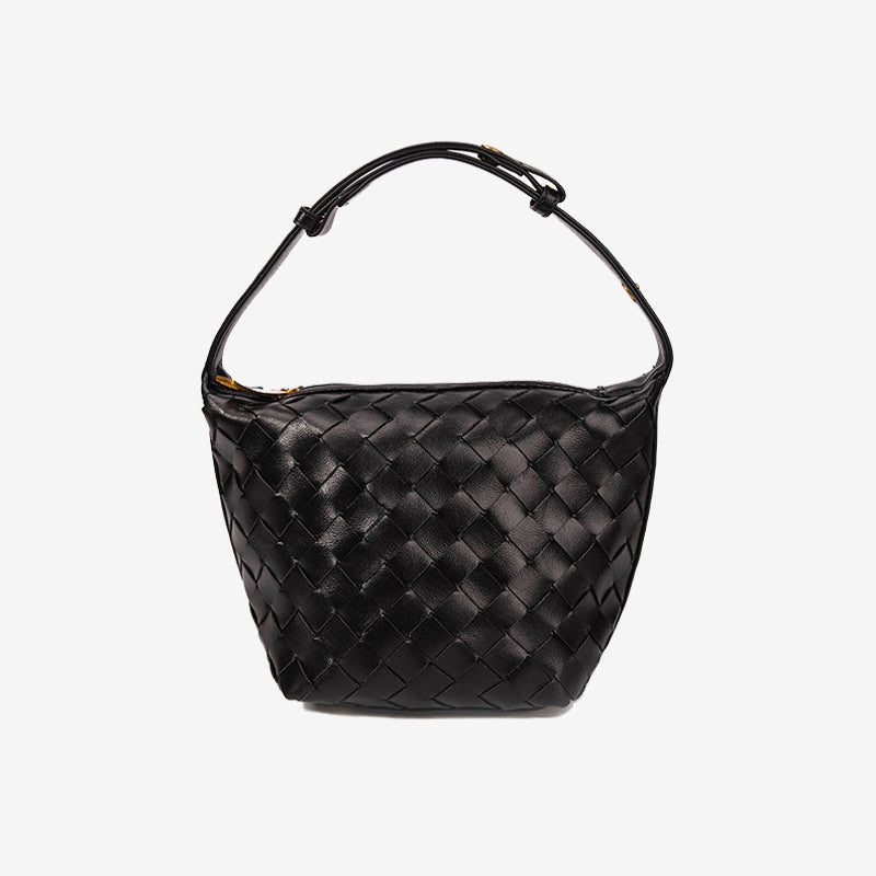 Woven Leather Bucket Bag-Black