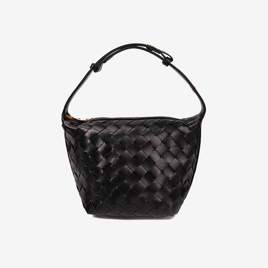 Woven Leather Bucket Bag-Black