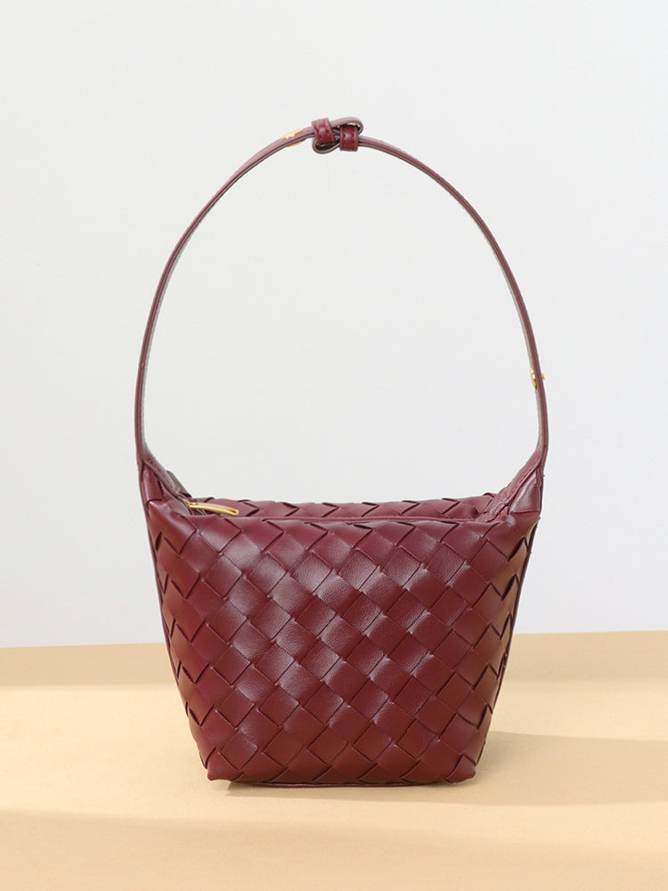 Woven Leather Bucket Bag-Black