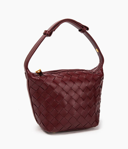 Woven Leather Bucket Bag-Burgundy
