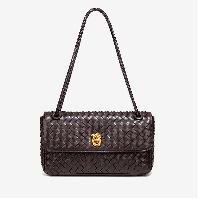Woven Leather Flap Shoulder Bag-Beige