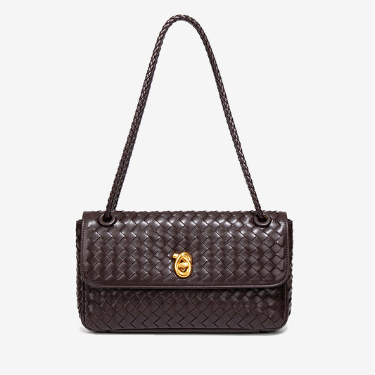 Woven Leather Flap Shoulder Bag-Chocolate