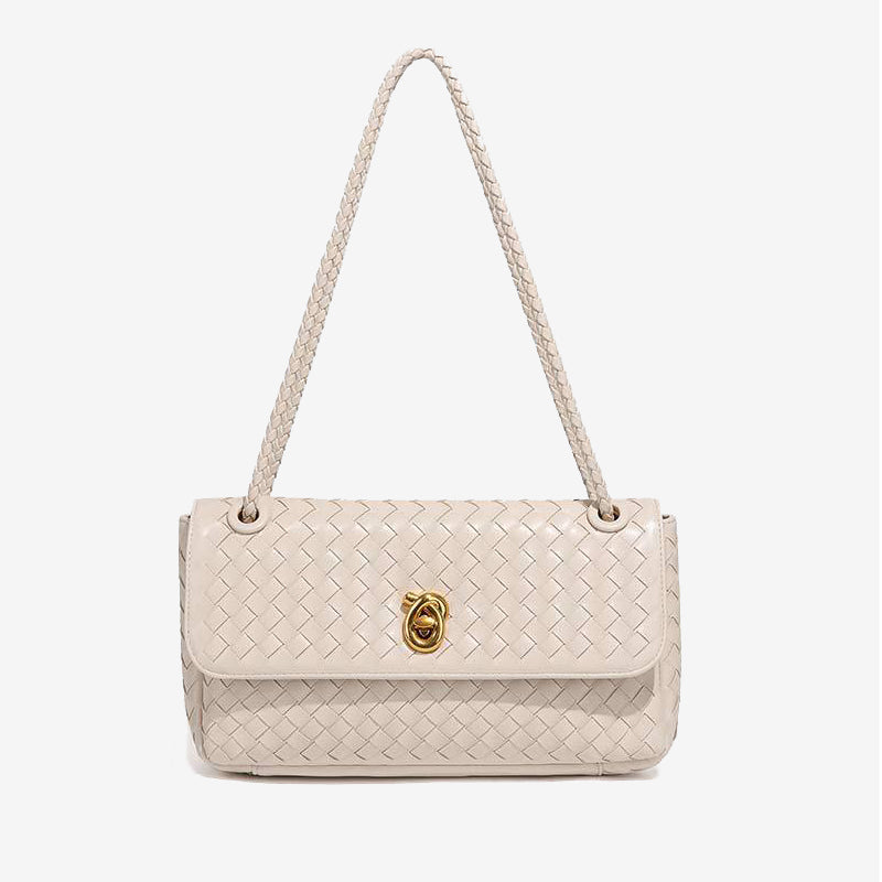Woven Leather Flap Shoulder Bag-Beige