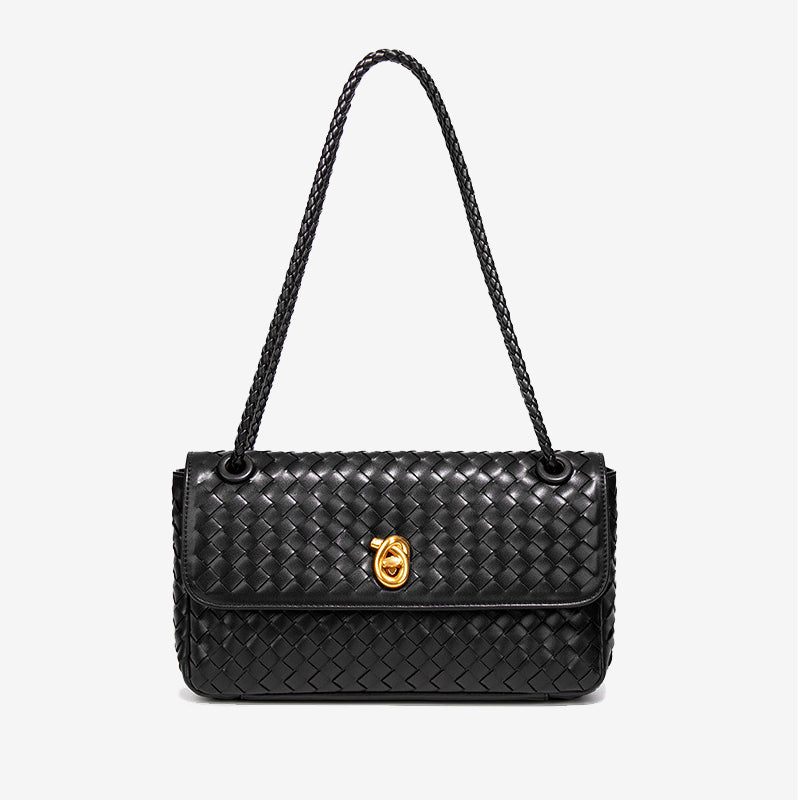 Woven Leather Flap Shoulder Bag-Beige