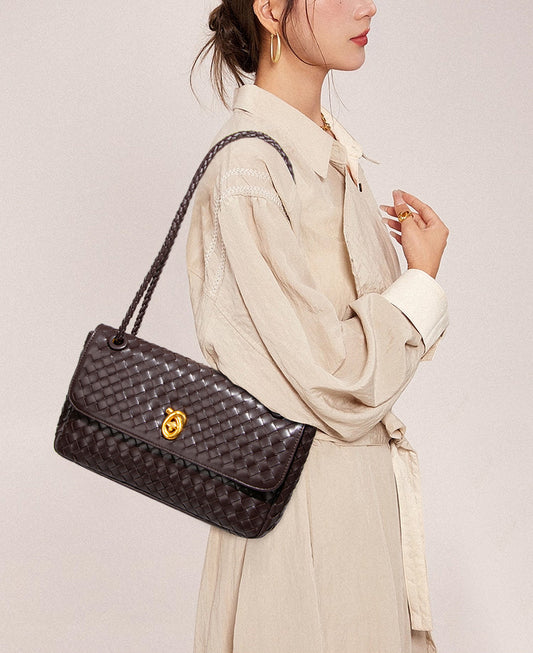 Woven Leather Flap Shoulder Bag-Chocolate