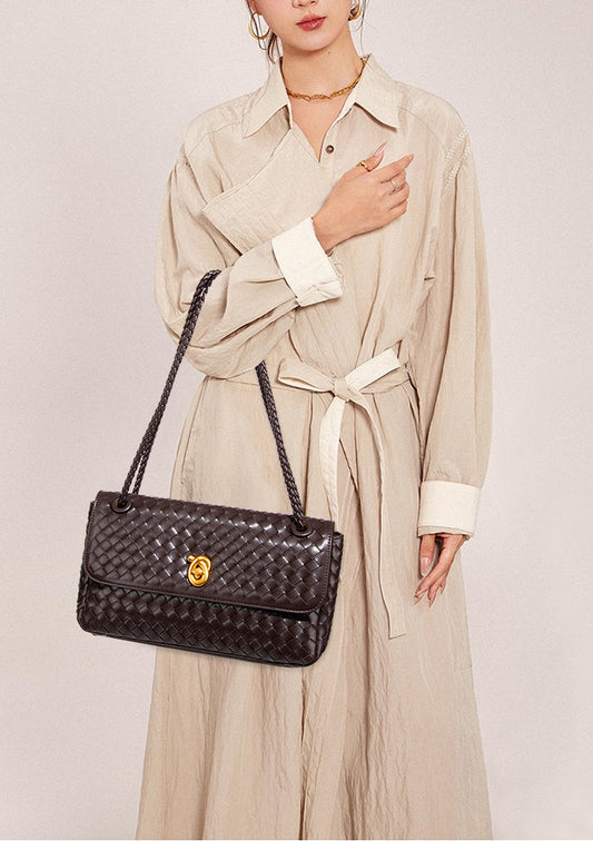 Woven Leather Flap Shoulder Bag-Black