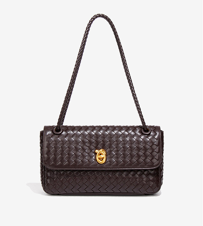 Woven Leather Flap Shoulder Bag-Beige