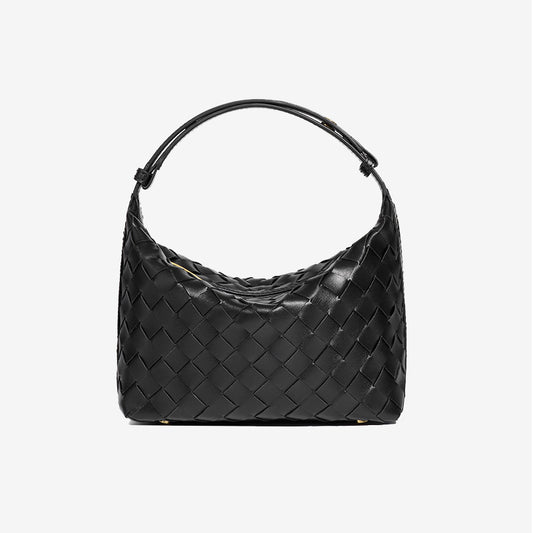 Woven Leather Hobo Handbag-Black