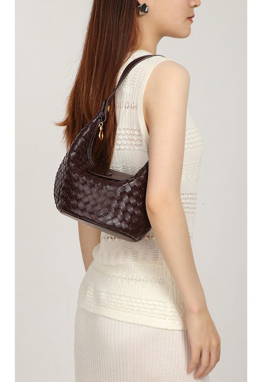 Woven Leather Mini Hobo Bag-Burgundy