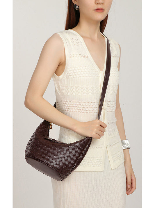 Woven Leather Mini Hobo Bag-Khaki