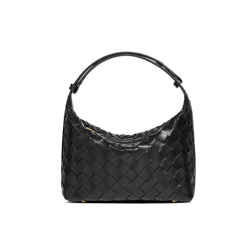 Woven Leather Hobo Handbag-Black