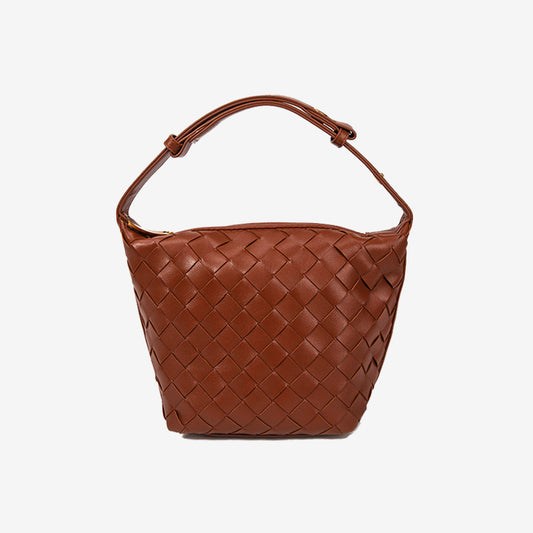 Woven Leather Bucket Bag-Brown