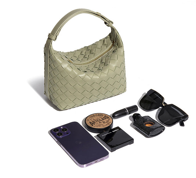 Woven Leather Hobo Handbag-Black